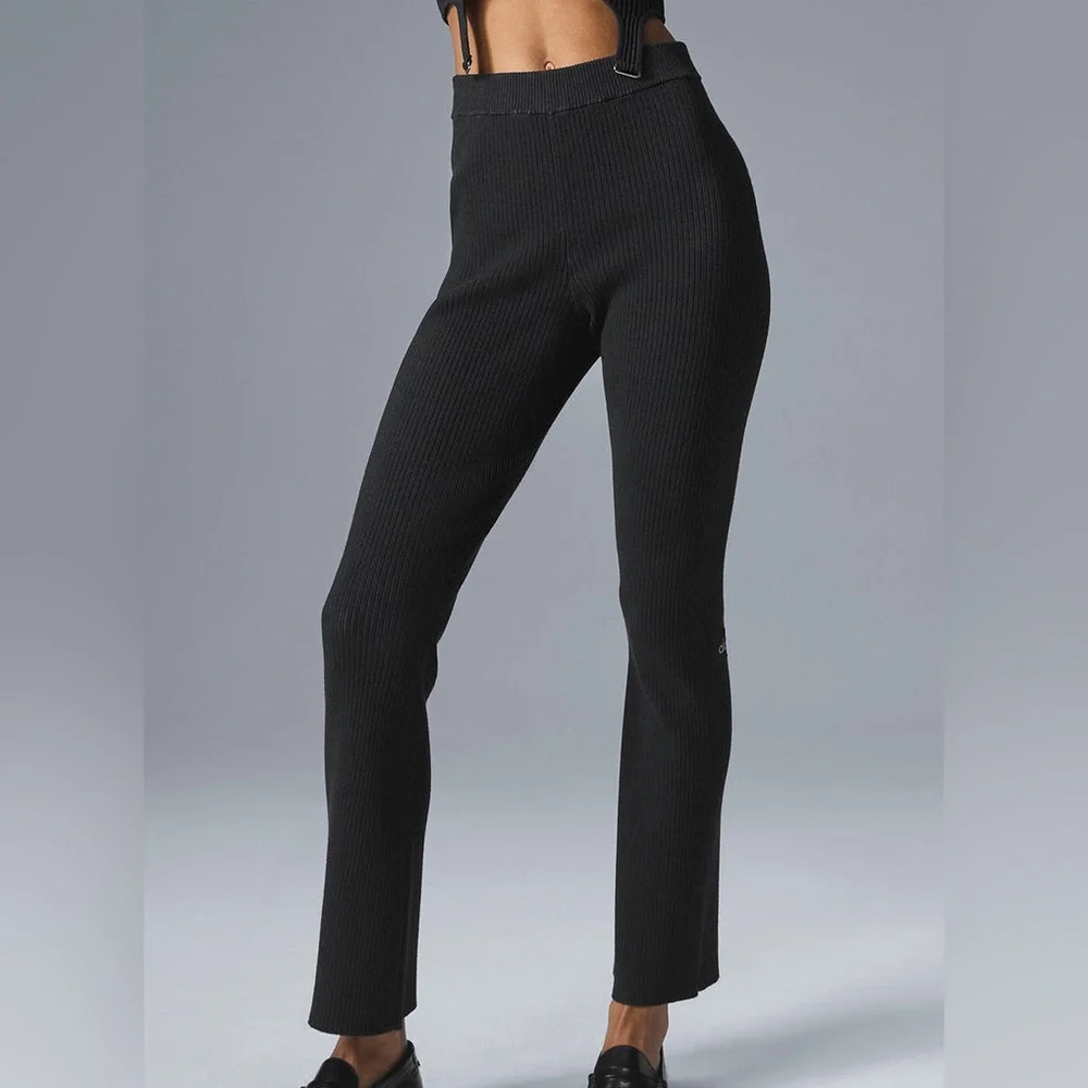 Alo Yoga Denim Knit High-Waist Flare Black Anthracite Stretch Pant EUC Size XXS